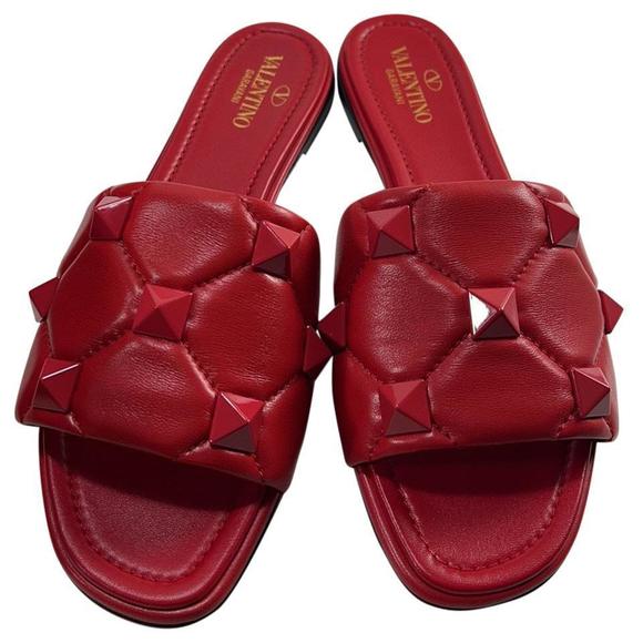VALENTINO Shoes - Roman Stud Slide Red JU5 Large Rockstud Sandals Flats E055